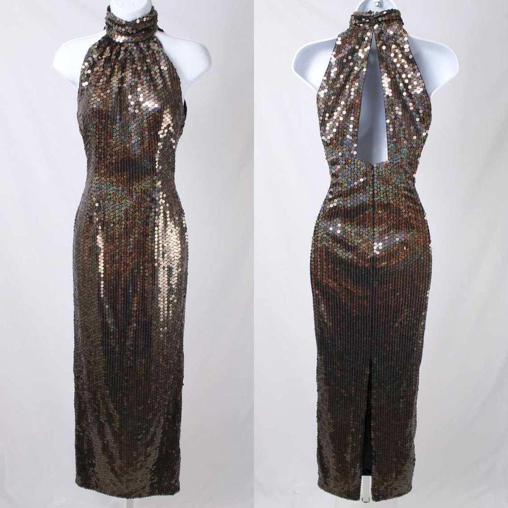 Adrianna Papell Gold Sequins High Neck Gown